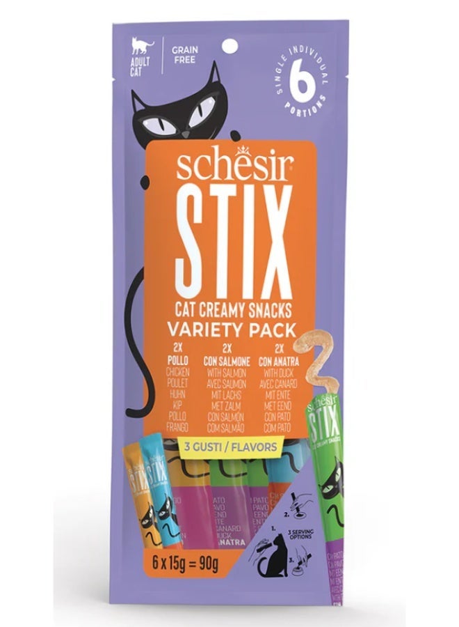 شيسر شيزر (Schesir) ستيكس مكافآت كريمية للقطط عبوة متنوعة – سناك سائل خالي من الحبوب للقطط البالغة – 3 نكهات: دجاج، سلمون، وبط – 90 جم (6 قطع × 15 جم) - Image 1